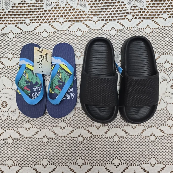 2pk NWT Boys Sandals Blue T-Rex Dinosaur Flip Flops And Black Slide Shoes 11 12 - Picture 7 of 7